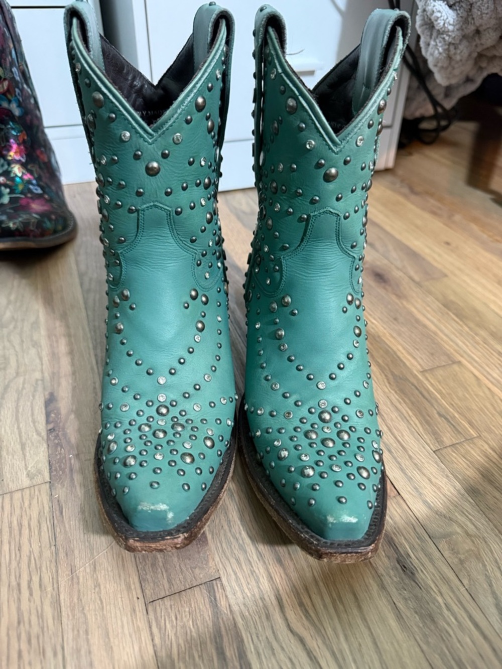 Teal Studded Women's Western Ankle Boots